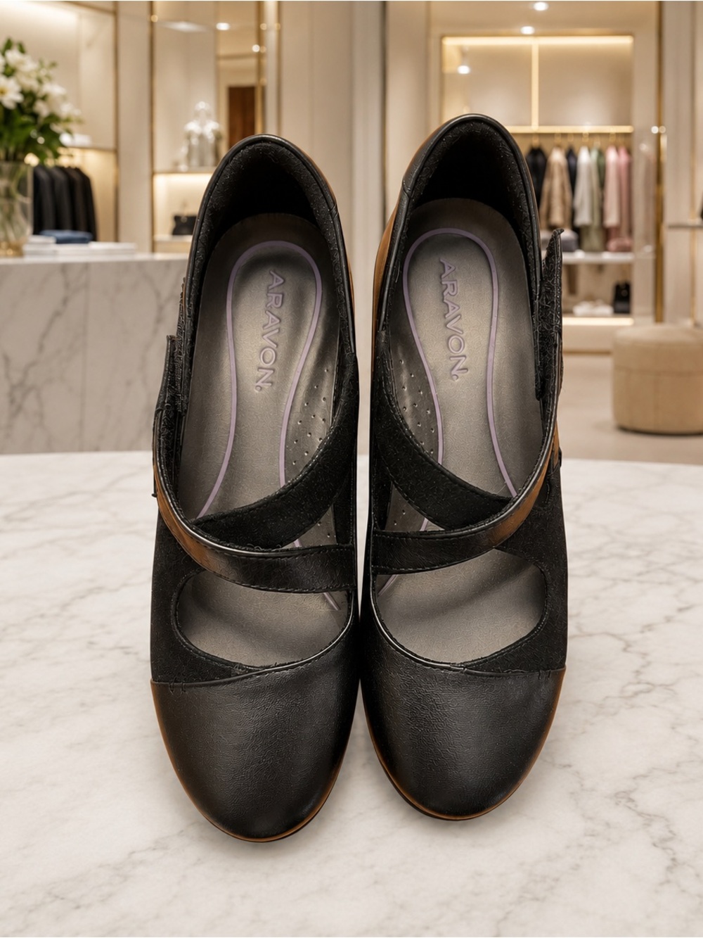 Aravon Black Mary Jane Cross-Strap Comfort Heels-Size 7